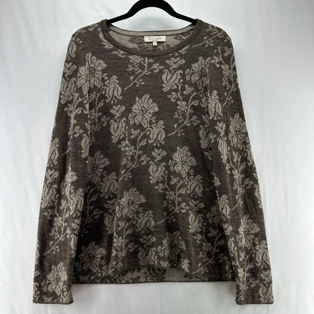 Cocogio Sweater Womens Size L Floral Jacquard Long Sleeve Pullover Italy Brown